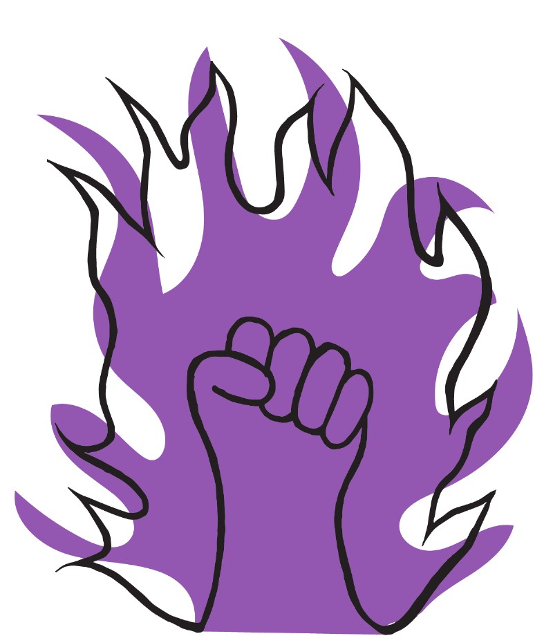 Raised fist in purple flame — illustration from the Ya Estoy Aquí manual