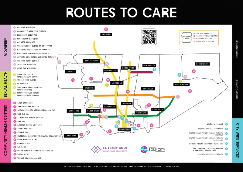 The map side of the printed resource: the Routes to Care map of Toronto, with numbered markers for midwifery services, sexual health clinics, community health centres and city-wide services, listed in English down the sides.