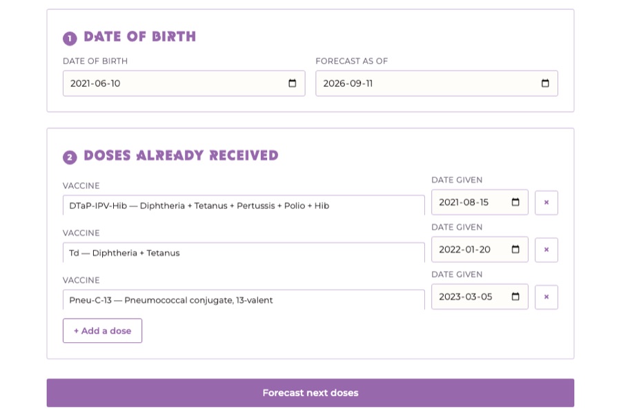 The Immunization Navigator's input form, with a date of birth, a forecast date, three vaccine entries with dates given, and buttons to add another dose or forecast next doses