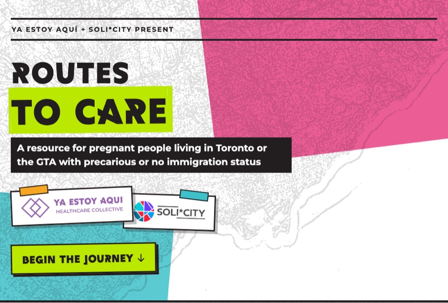 The Routes to Care landing page: 'Ya Estoy Aquí + Soli*City present,' the title Routes to Care, a description of the resource, and the Ya Estoy Aquí and Soli*City logos, on a textured pink and turquoise background