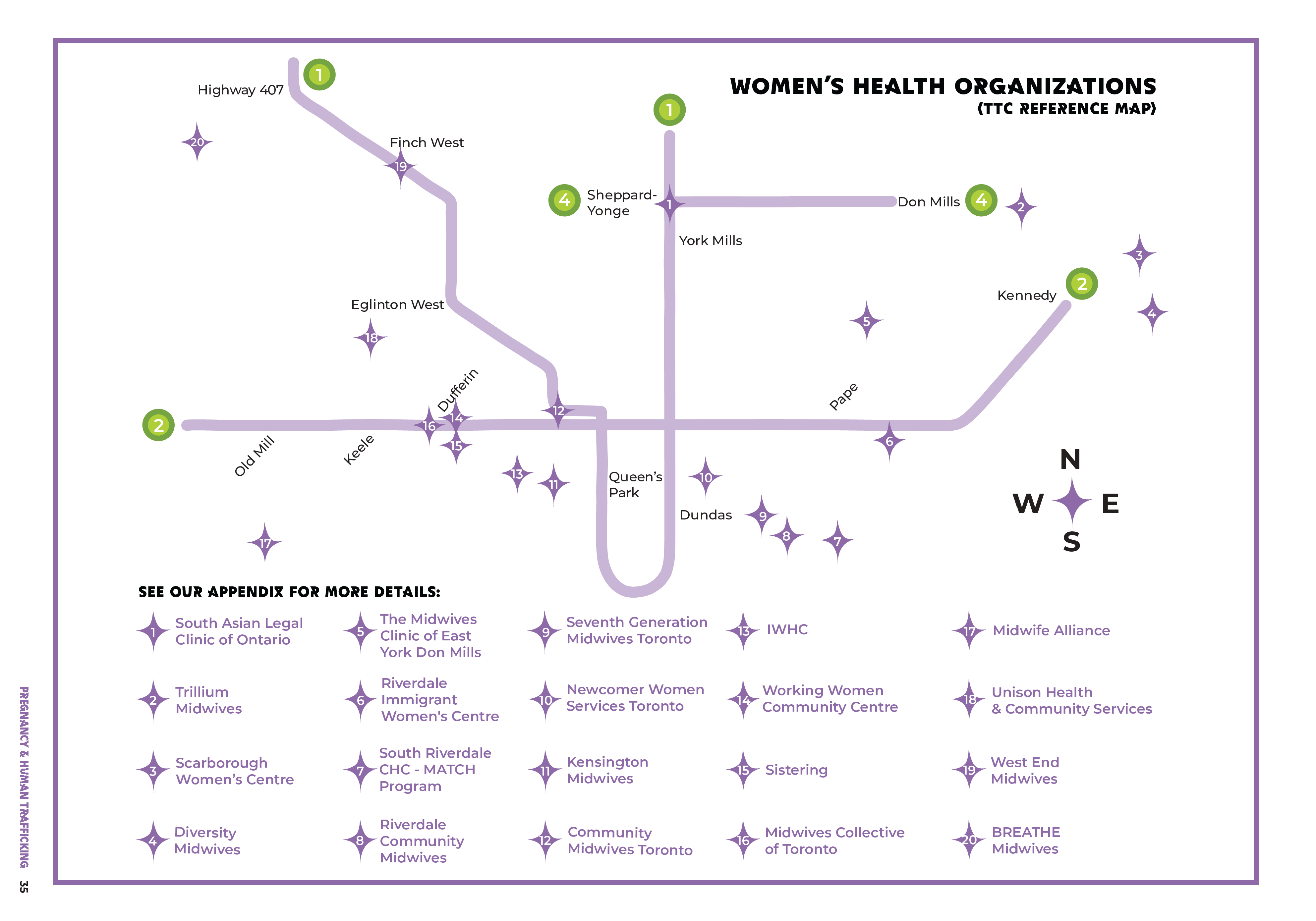 TTC reference map showing Women's Health Organizations near Toronto subway stations (English)